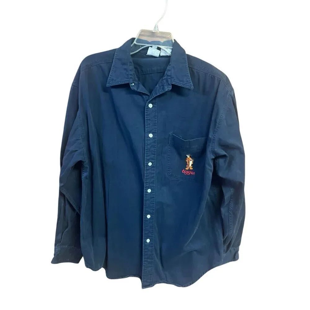 vintage Disney Store men's Tigger navy blue long-sleeve button-down shirt Sz L